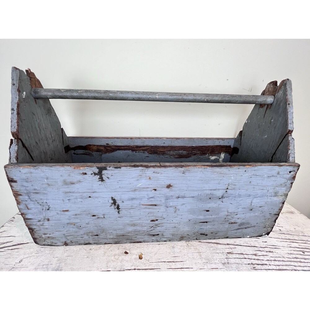 Vintage Grey Primitive Carpenter's Wooden Tool Box Caddy Tote Rustic Wood 21”